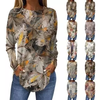Женская свободная футболка с длинным рукавом с круглым вырезом и принтом, верхний пуловер XXXL