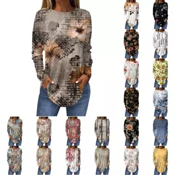 Женская свободная футболка с длинным рукавом с круглым вырезом и принтом, верхний пуловер XXL розовый