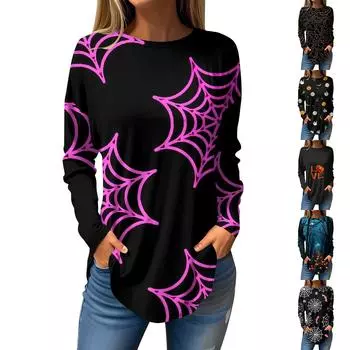Женская свободная футболка с длинным рукавом с круглым вырезом и принтом, верхний пуловер M