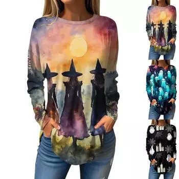 Женская свободная футболка с длинным рукавом с круглым вырезом и принтом, верхний пуловер XL чёрный