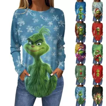 Женская свободная футболка с длинным рукавом с круглым вырезом и принтом, верхний пуловер L