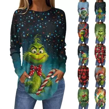 Женская свободная футболка с длинным рукавом с круглым вырезом и принтом, верхний пуловер XXXL
