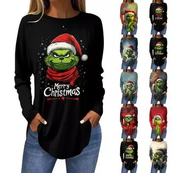 Женская свободная футболка с длинным рукавом с круглым вырезом и принтом, верхний пуловер M