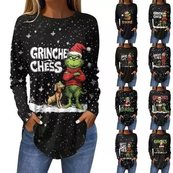 Женская свободная футболка с длинным рукавом с круглым вырезом и принтом, верхний пуловер S зелёный