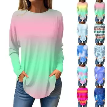 Женская свободная футболка с длинным рукавом с круглым вырезом и принтом, верхний пуловер L