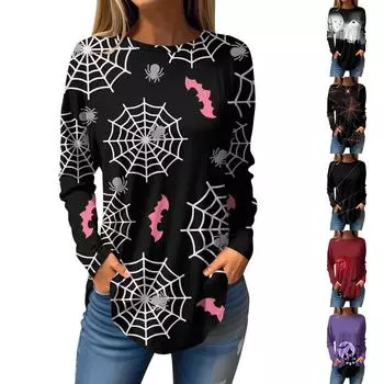 Женская свободная футболка с длинным рукавом с круглым вырезом и принтом, верхний пуловер XXL белый