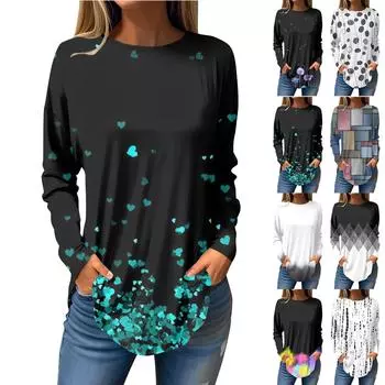 Женская свободная футболка с длинным рукавом с круглым вырезом и принтом, верхний пуловер S
