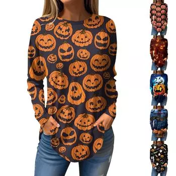 Женская свободная футболка с длинным рукавом с круглым вырезом и принтом, верхний пуловер L