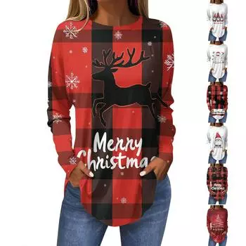 Женская свободная футболка с длинным рукавом с круглым вырезом и принтом, верхний пуловер M