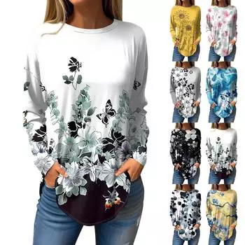 Женская свободная футболка с длинным рукавом с круглым вырезом и принтом листьев, верхний пуловер XXL розовый