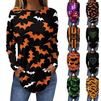 Женская свободная футболка с длинным рукавом с круглым вырезом и принтом, верхний пуловер L чёрный