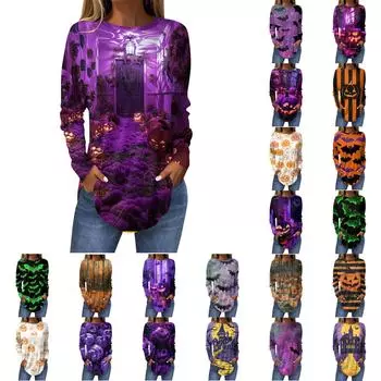 Женская свободная футболка с длинным рукавом с круглым вырезом и принтом, верхний пуловер L бежевый