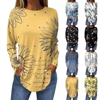 Женская свободная футболка с длинным рукавом с круглым вырезом и принтом, верхний пуловер M