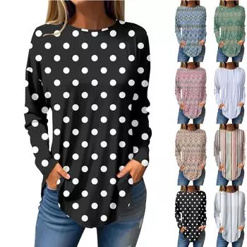 Женская свободная футболка с длинным рукавом с круглым вырезом и принтом, верхний пуловер L