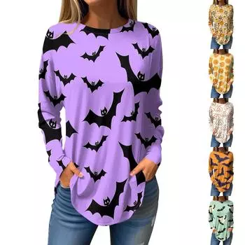 Женская свободная футболка с длинным рукавом с круглым вырезом и принтом, верхний пуловер M шафрановый