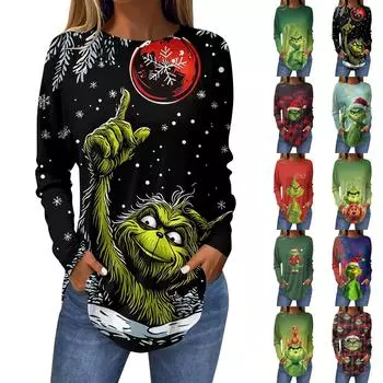 Женская свободная футболка с длинным рукавом с круглым вырезом и принтом, верхний пуловер XXL