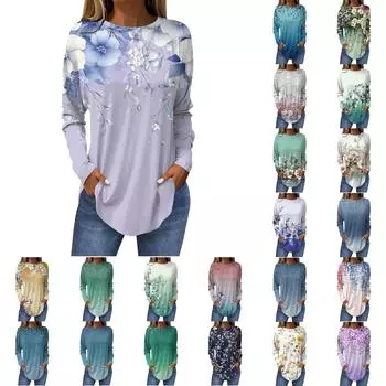 Женская свободная футболка с длинным рукавом с круглым вырезом и принтом, верхний пуловер L армия зеленый