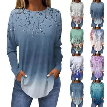 Женская свободная футболка с длинным рукавом с круглым вырезом и принтом, верхний пуловер L синий