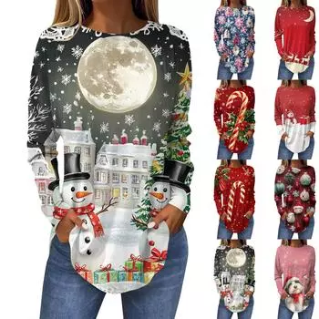 Женская свободная футболка с длинным рукавом с круглым вырезом и принтом, верхний пуловер S