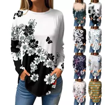 Женская свободная футболка с длинным рукавом с круглым вырезом и принтом листьев, верхний пуловер XXL белый