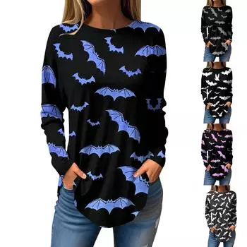 Женская свободная футболка с длинным рукавом с круглым вырезом и принтом, верхний пуловер M чёрный