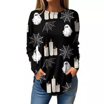 Женская свободная футболка с длинным рукавом с круглым вырезом и принтом, верхний пуловер XL чёрный