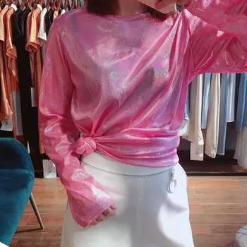 Женская Свободная футболка с длинными рукавами и блестками, украшенная блестящими светоотражающими буквами, футболка, круглый пуловер, топы S белый