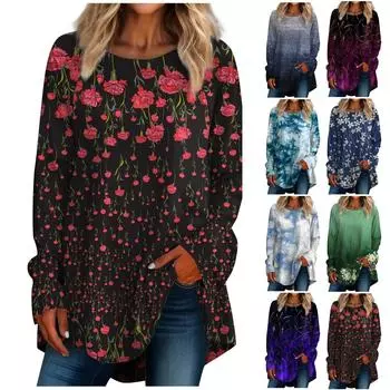 Женская свободная футболка с длинными рукавами и круглым вырезом с принтом, верхний пуловер XL