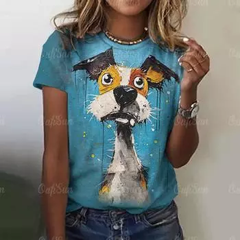 Женская свободная футболка с дышащим круглым вырезом и короткими рукавами, модные футболки с 3D-цифровой печатью, милые топы с изображением забавных животных из мультфильмов S