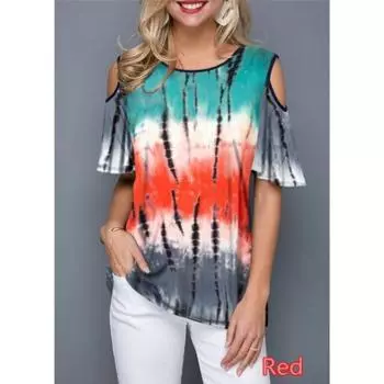 Женская свободная футболка с коротким рукавом и цветочным принтом, летние сексуальные футболки с открытыми плечами больших размеров, топы с круглым вырезом S