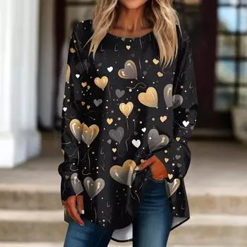 Женская свободная футболка с круглым вырезом и длинными рукавами, топ-пуловер с длинными рукавами L чёрный