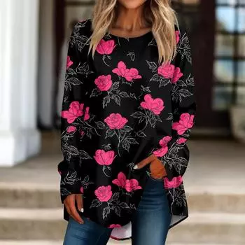 Женская свободная футболка с круглым вырезом и длинными рукавами, топ-пуловер с длинными рукавами L чёрный