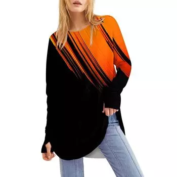 Женская свободная футболка с круглым вырезом и принтом градиента, средней длины и длинными рукавами, топ с дырявым большим пальцем L чёрный