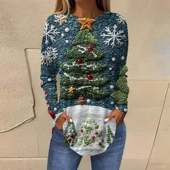 Женская свободная футболка с круглым вырезом и длинными рукавами с принтом в стиле ретро, пуловер на Рождество M синий