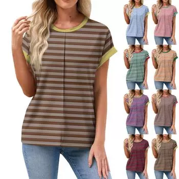 Женская свободная футболка с круглым вырезом и короткими рукавами, весна/лето для отдыха в полоску с принтом L синий
