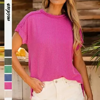Женская свободная футболка с круглым вырезом и короткими рукавами, нерегулярный подол, повседневная мода, работа, отдых, короткий рукав, дышащий, легкий, удобный топ S
