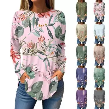 Женская свободная футболка с круглым вырезом и цветочным принтом, длинный рукав, топ, пуловер, длинный рукав S