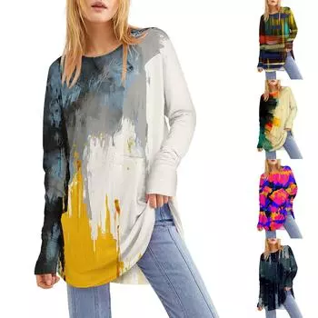 Женская свободная футболка с круглым вырезом и длинным рукавом средней длины с принтом, топ с дырявым большим пальцем XXL бежевый