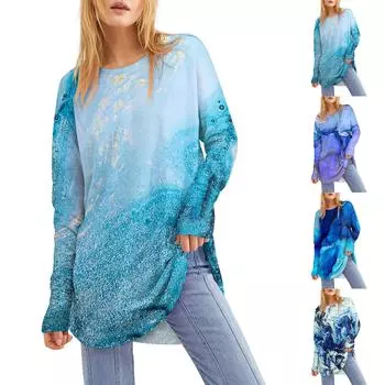 Женская свободная футболка с круглым вырезом и длинным рукавом средней длины с принтом, топ с дырявым большим пальцем L