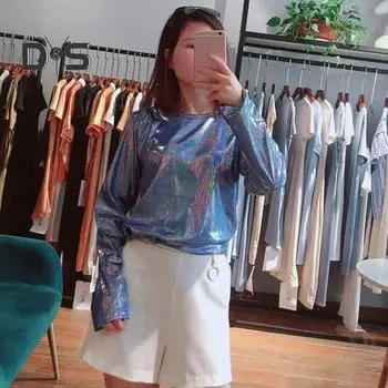 Женская свободная футболка с круглым вырезом и длинными рукавами, сверкающая светоотражающая футболка, пуловер с блестками, топы XL розовый