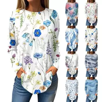 Женская свободная футболка с круглым вырезом и цветочным принтом, длинный рукав, топ, пуловер, длинный рукав M