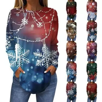 Женская свободная футболка с круглым вырезом и длинными рукавами с принтом в стиле ретро, пуловер на Рождество L винный