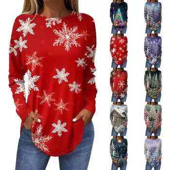 Женская свободная футболка с круглым вырезом и длинными рукавами с принтом в стиле ретро, пуловер на Рождество XXL розовый