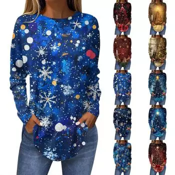 Женская свободная футболка с круглым вырезом и длинными рукавами с принтом в стиле ретро, пуловер на Рождество L красный