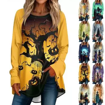 Женская свободная футболка с круглым вырезом и длинными рукавами, верхний пуловер для Хэллоуина M разноцветный
