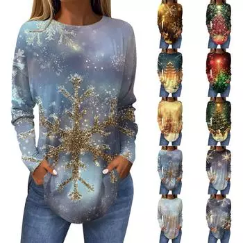 Женская свободная футболка с круглым вырезом и длинными рукавами с принтом в стиле ретро, пуловер на Рождество XXXL