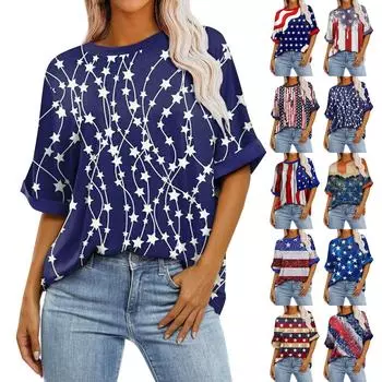 Женская свободная футболка с круглым вырезом и короткими рукавами с принтом, до плеч L синий