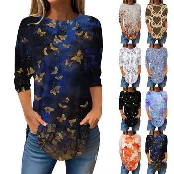 Женская свободная футболка с круглым вырезом и рукавом 3/4, верхний пуловер XXXL синий