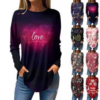 Женская свободная футболка с круглым вырезом и принтом «День святого Валентина» с длинными рукавами, топ, пуловер XXL чёрный