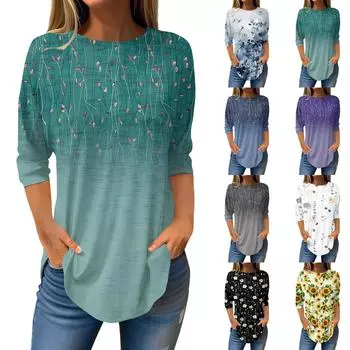 Женская свободная футболка с круглым вырезом и рукавом 3/4, верхний пуловер XL фиолетовый